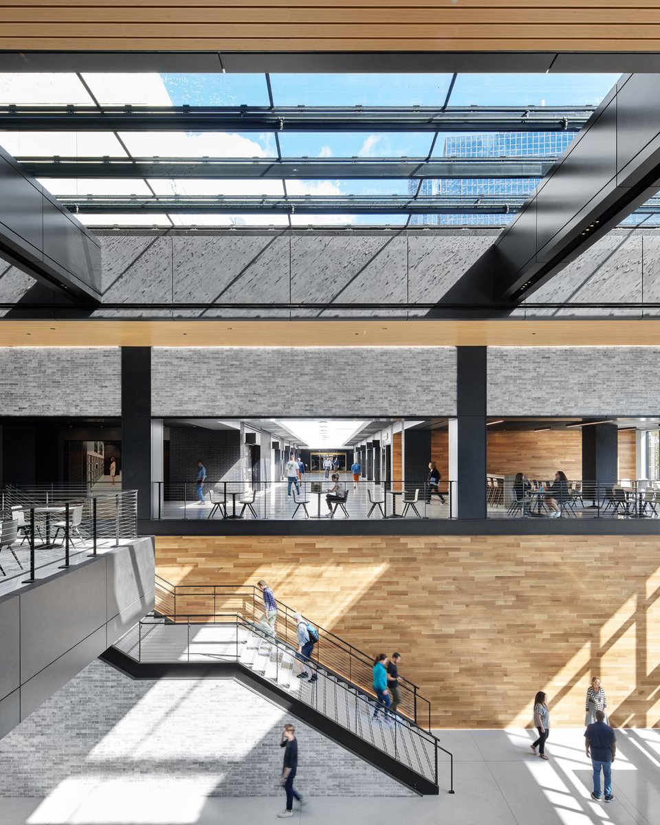 Daylit atrium with feature stair and wood detailing
